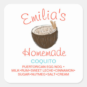 Coquito Recept Drank Kokosnoot Handgetekende Schel Vierkante Sticker