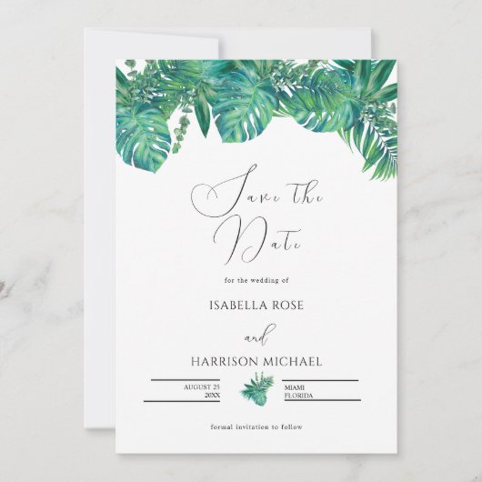 CORA Tropical Beach Palm Leaf Save the Date  Kaart (Voorkant)