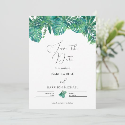 CORA Tropical Beach Palm Leaf Save the Date  Kaart (Staand voorkant)