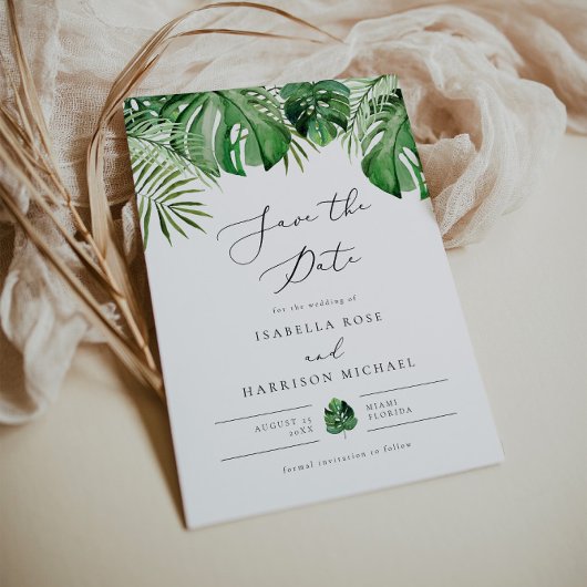 CORA Tropical Beach Palm Leaf Save the Date Kaart