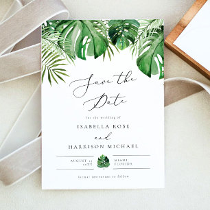 CORA Tropical Beach Palm Leaf Save the Date Kaart