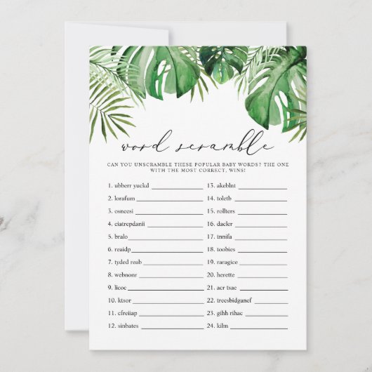 CORA Tropical Word Scramble Baby shower Game Kaart (Voorkant)