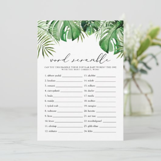 CORA Tropical Word Scramble Baby shower Game Kaart (Staand voorkant)