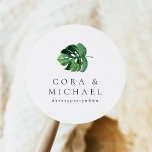 CORA tropisch strand palmblad bestemming bruiloft Ronde Sticker<br><div class="desc">Het CORA-collectie is voorzien van waterverf palmbladeren en een elegant scriptlettertype. Dit collectie is ideaal voor een bruiloft of een ander tropisch thema evenement.</div>