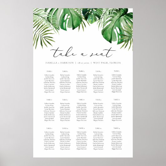 CORA Tropische Waterverf Palm Leaf Seating Chart Poster (Voorkant)