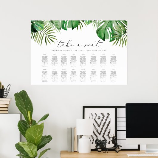 CORA Tropische Waterverf Palm Leaf Seating Chart Poster (Thuiskantoor)