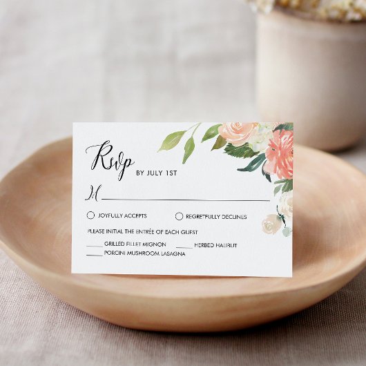 CORA Waterverf Peach Floral Wedding RSVP Kaart