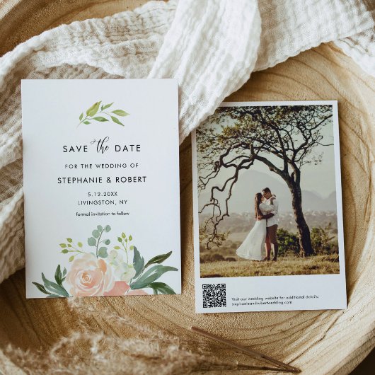 CORA Waterverf Peach Floral Wedding Save the Date Kaart