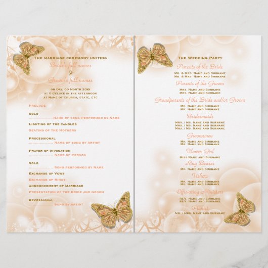 Coraal goudvlinderbruiloftsprogramma (Voorkant)