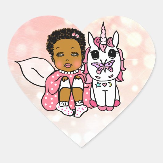 Coral African-American Fairy en Unicorn Hart Sticker (Voorkant)