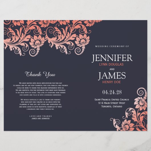 Coral and Blue Blooming Elegance Wedding Programs (Voorkant)
