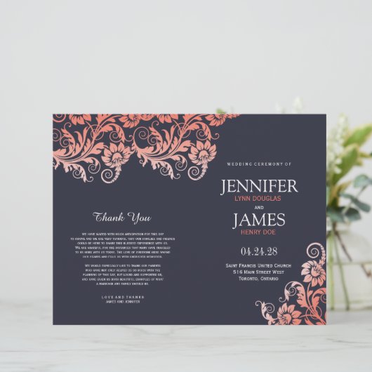Coral and Blue Blooming Elegance Wedding Programs (Staand voorkant)