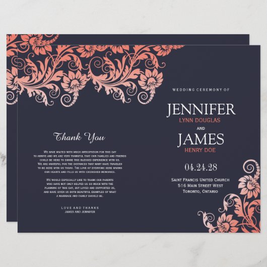 Coral and Blue Blooming Elegance Wedding Programs (Voorkant / Achterkant)