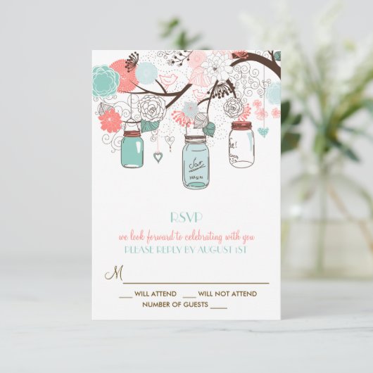 Coral and Blue Mason Jars Floral RSVP Card (Staand voorkant)