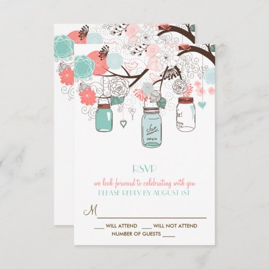 Coral and Blue Mason Jars Floral RSVP Card (Voorkant / Achterkant)