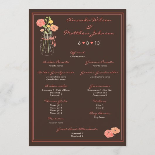 Coral and Brown Mason Jar Wedding Programme Programmakaart (Voorkant)