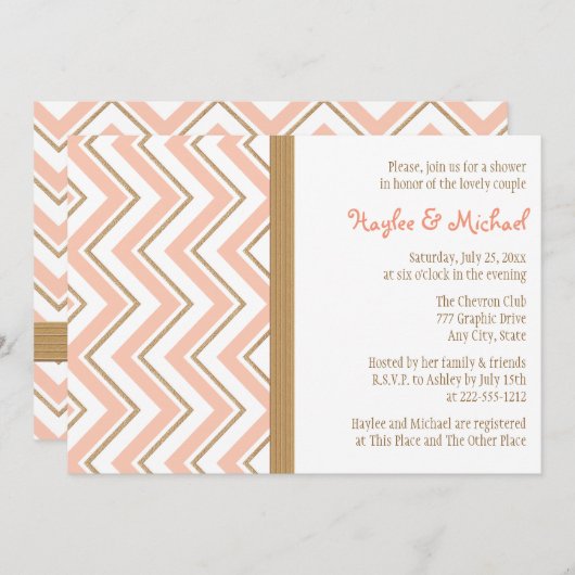 Coral and Gold Chevron Couples Wedding Shower Kaart (Voorkant / Achterkant)