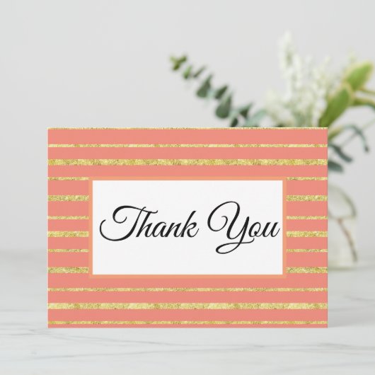 Coral and Gold Stripe Bedankkaart (Staand voorkant)