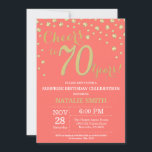 Coral and Gold Surprise 70th Birthday Diamond Kaart<br><div class="desc">Verrassend 70e verjaardag Uitnodiging met de achtergrond van Coral en Gold Glitter Diamond. Gold Confetti. Volwassen verjaardag. Mannelijke Mannen of vrouwen: Birthday. Voor verdere aanpassing,  te klikken gelieve de knoop "van de Aanpassing het"en ons ontwerphulpmiddel te gebruiken om deze sjabloon te wijzigen.</div>