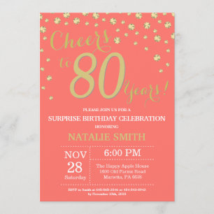 Coral and Gold Surprise 80th Birthday Diamond Kaart