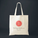 Coral and Grey Custom Monogram Wedding Favoriet Ta Tote Bag<br><div class="desc">Aangepaste bruiloft gunst of welkom Canvas tas met gepersonaliseerde monogram,  namen,  en bruiloft datum</div>