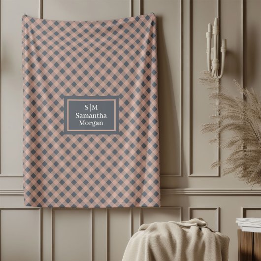 Coral and Grey Plaid Blanket Elegant Custom Name Fleece Deken