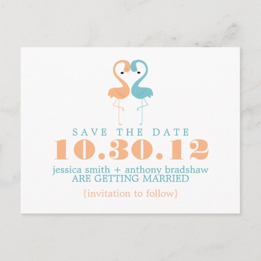 Coral and Mint Flamingos Wedding Sla de datum op Aankondigingskaart (Voorkant)