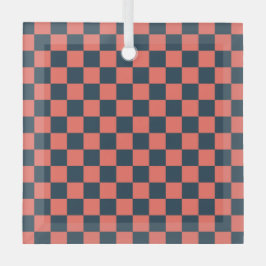 Coral and navy checkerboard pattern glas ornament