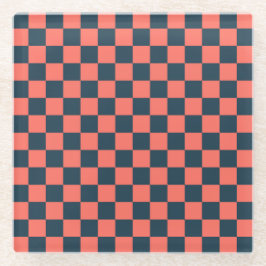 Coral and navy checkerboard pattern glazen onderzetter