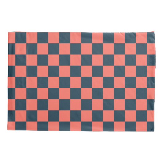 Coral and navy checkerboard pattern kussensloop (Achterkant-Links)