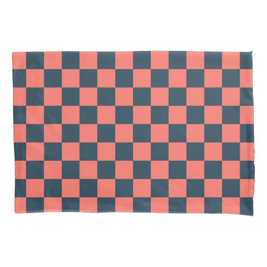 Coral and navy checkerboard pattern kussensloop (Voorkant-Links)