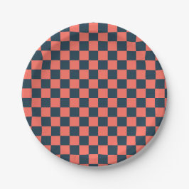 Coral and navy checkerboard pattern papieren bordje