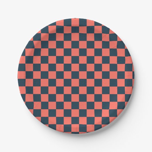 Coral and navy checkerboard pattern papieren bordje (Voorkant)