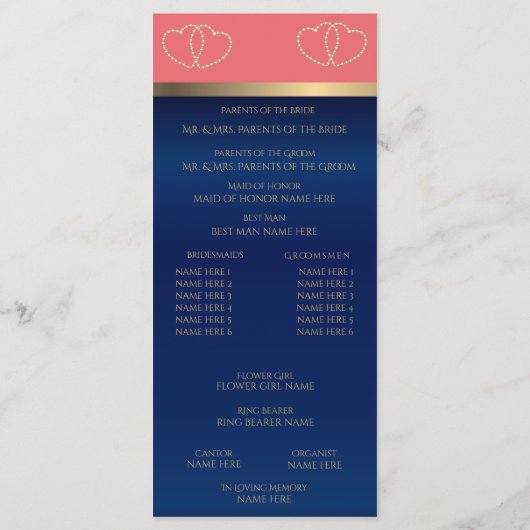 Coral and Navy Gold Hearts - Programma Programmakaart (Achterkant)