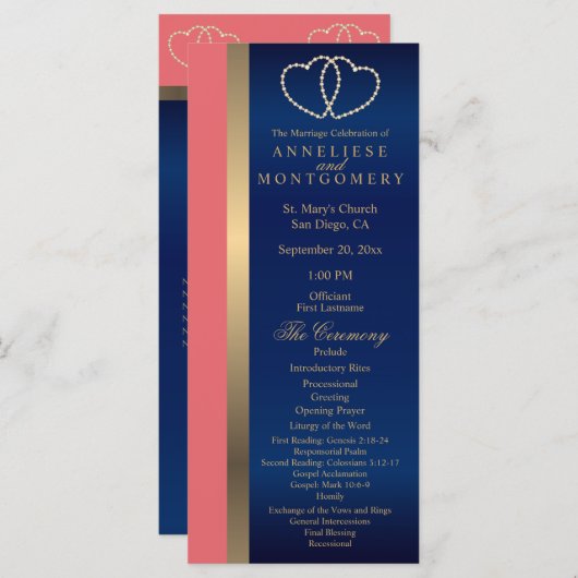 Coral and Navy Gold Hearts - Programma Programmakaart (Voorkant / Achterkant)