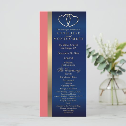 Coral and Navy Gold Hearts - Programma Programmakaart (Staand voorkant)