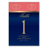 Coral and Navy, Gold Hearts Table Number Kaart (Voorkant)