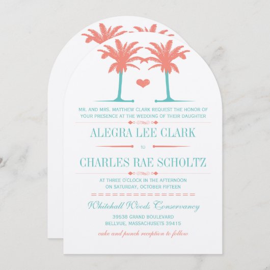 Coral and Neo Mint Beach Typografie Invite Kaart (Voorkant / Achterkant)