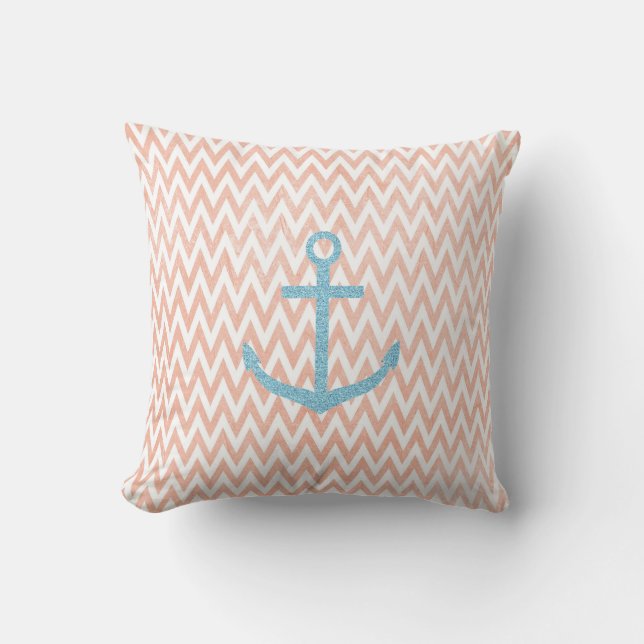 Coral and White Chevron Aqua Glitter Anchor Kussen (Voorkant)