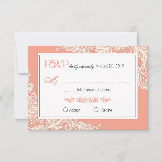 Coral and White Lace Elegant RSVP-kaart RSVP Kaartje (Voorkant)