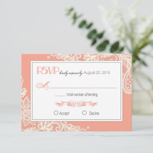 Coral and White Lace Elegant RSVP-kaart RSVP Kaartje (Staand voorkant)