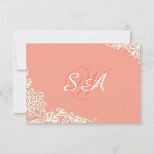 Coral and White Lace Elegant RSVP-kaart RSVP Kaartje (Achterkant)