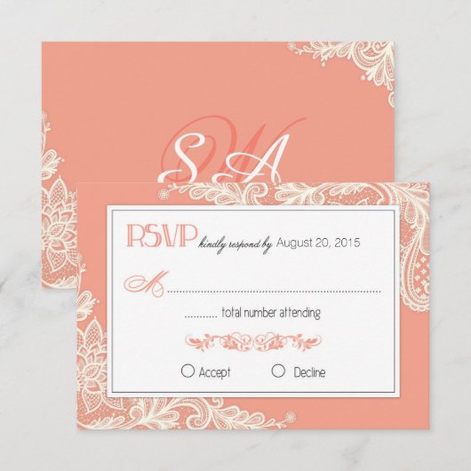 Coral and White Lace Elegant RSVP-kaart RSVP Kaartje (Voorkant / Achterkant)