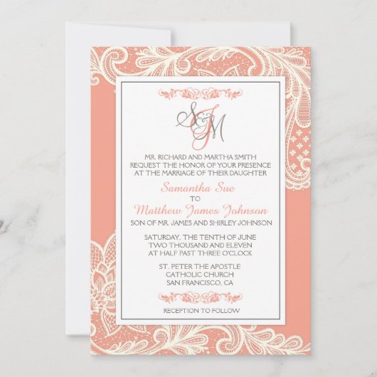 Coral and White Lace Wedding Invitation Kaart (Voorkant)