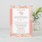 Coral and White Lace Wedding Invitation Kaart (Staand voorkant)