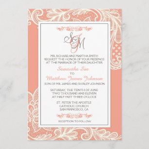 Coral and White Lace Wedding Invitation Kaart