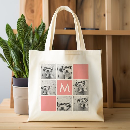 Coral and White Photo Collage - Aangepast monogram Tote Bag