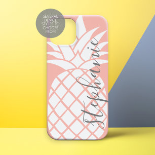 Coral and White Trendy Pineappel met aangepaste na iPhone 15 Case