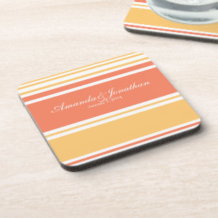 Coral and Yellow Modern Stripes Wedding Bier Onderzetter