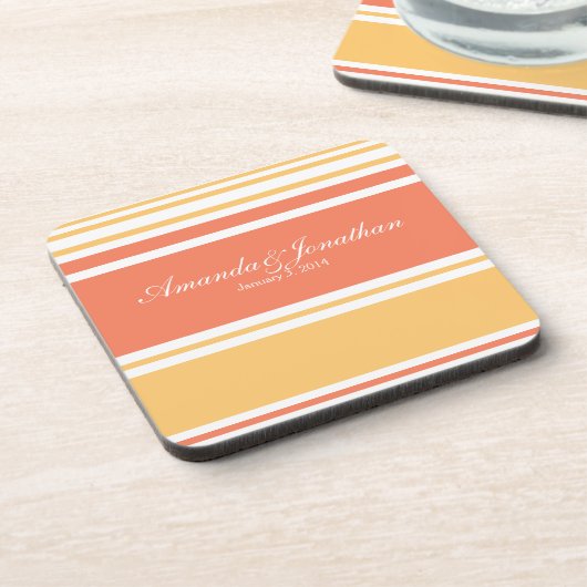 Coral and Yellow Modern Stripes Wedding Bier Onderzetter (Linkerzijde)